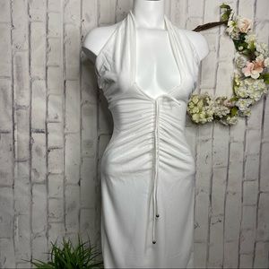 NEW White Saints + Secrets Roushed Plunged Neckline bodycon dress Sm